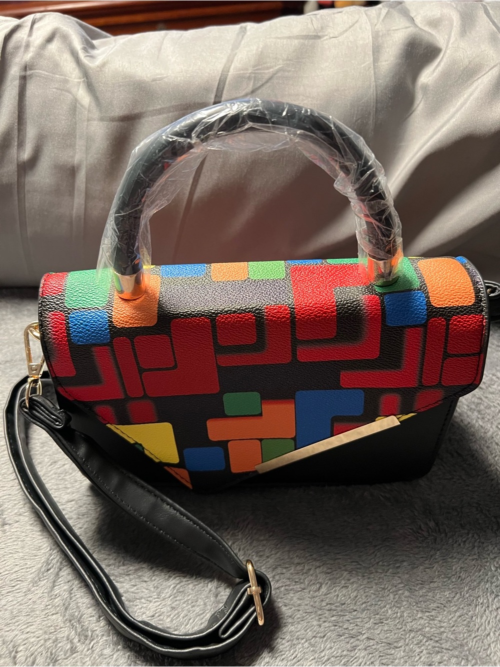 Top-Handle Satchel in Black with Multicolor Geometric Print